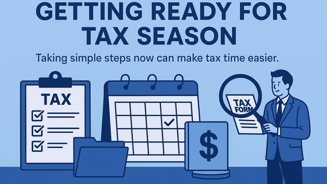 Man checking tax form with magnifying glass next to checklist, calendar, and dollar sign, symbolizing preparation for tax season.
